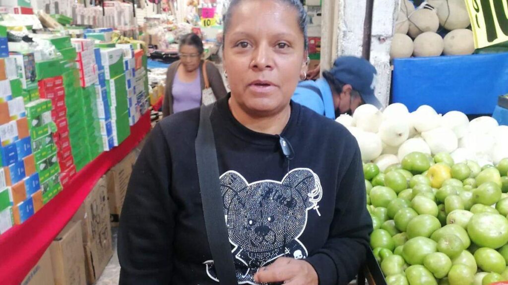 Puesto de frutas y verduras en tianguis de Tula con jitomate, cebolla y chile a la venta