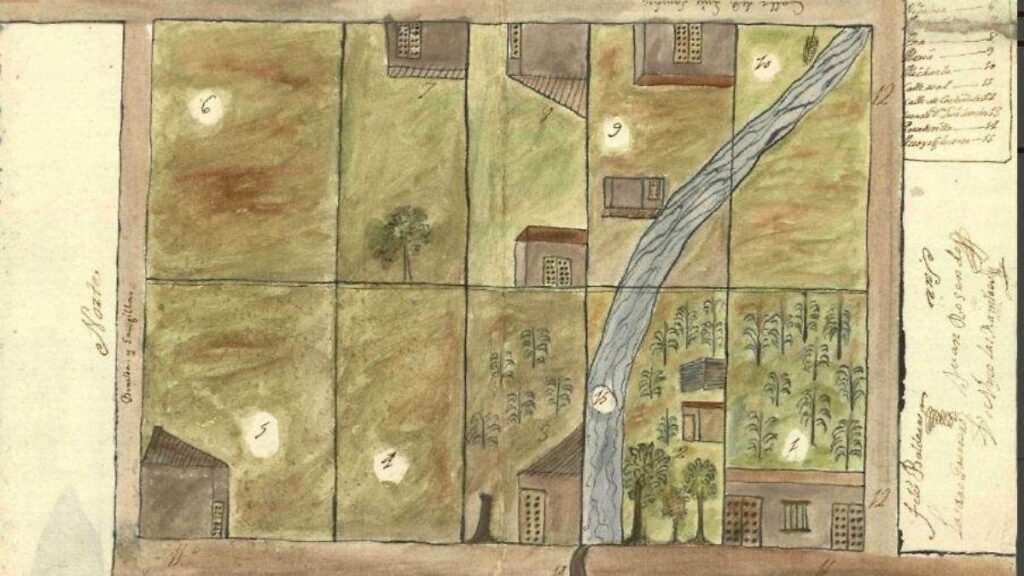 Mapa histórico colonial de 1739 que muestra la traza urbana original de Tepeji del Río con solares y calles de la época virreinal