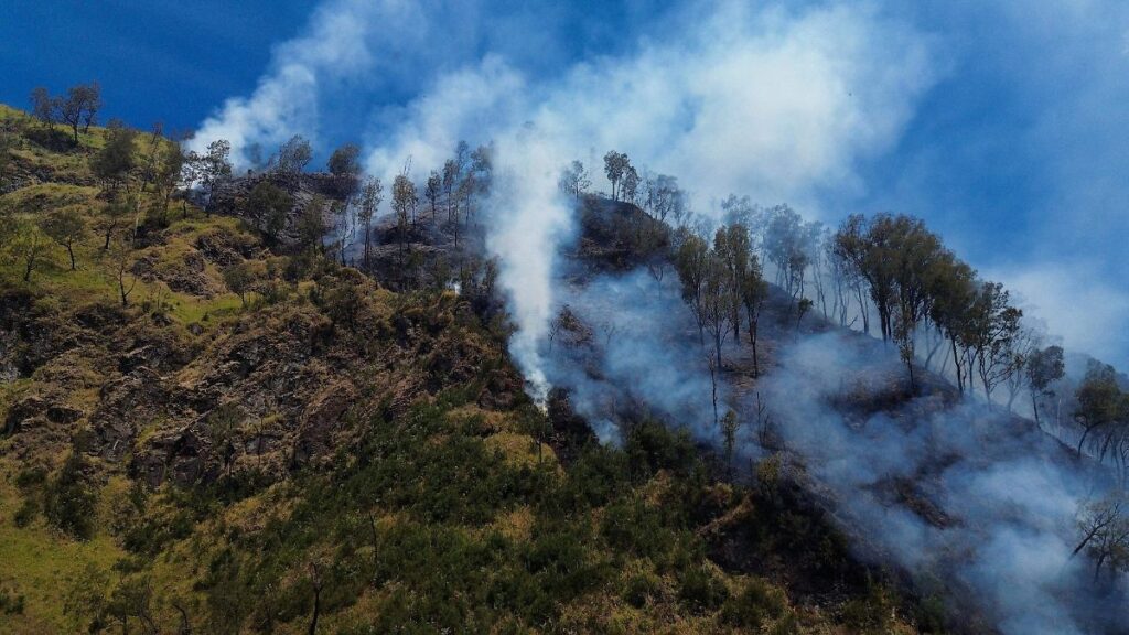 Incendio en monte Bromo de Indonesia: alerta por sequía de El Niño Vista del monte Bromo en Indonesia con humo visible por incendio forestal durante temporada seca